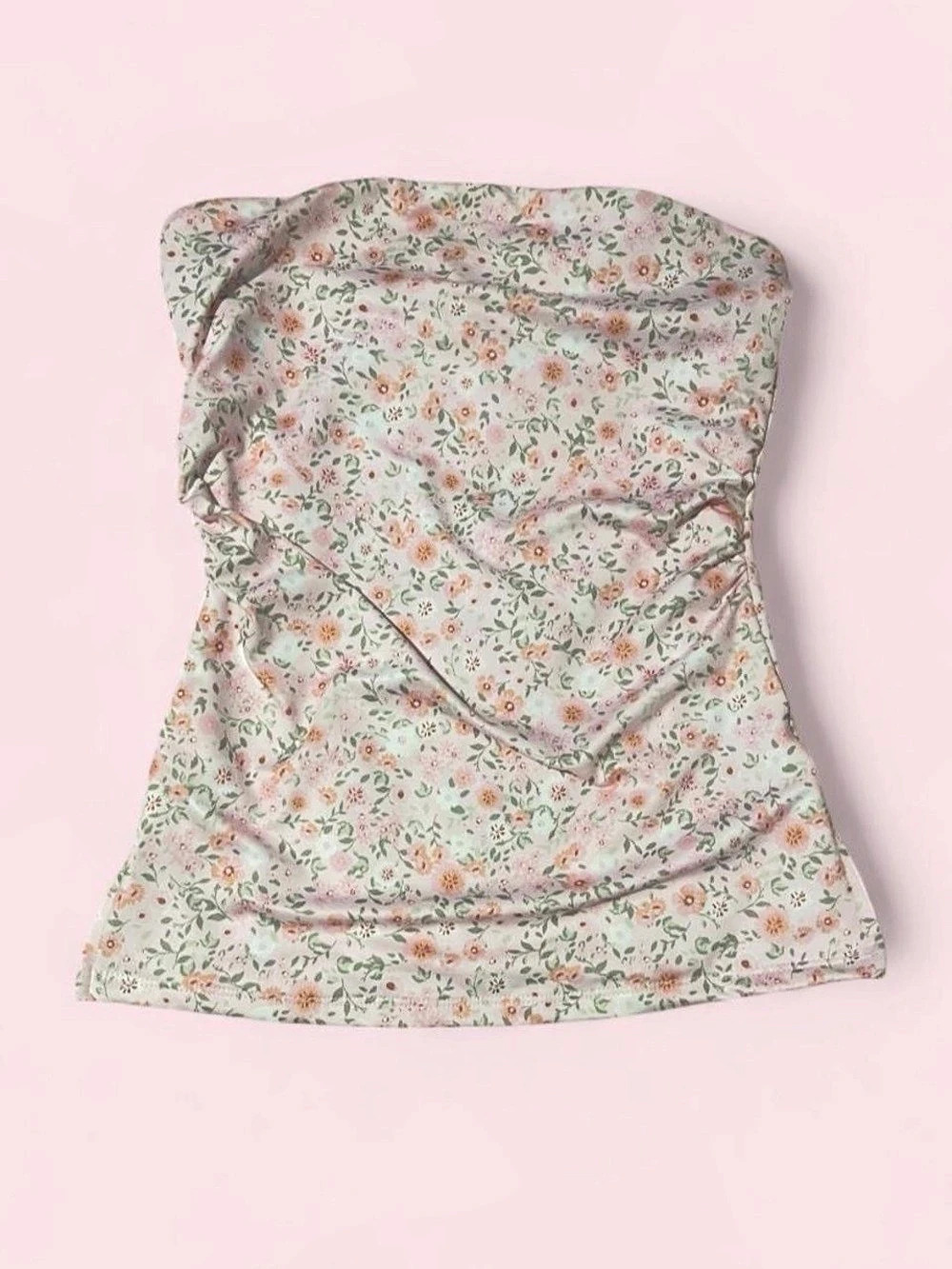 Madden Girl Ruched Side Split Hem Tube Top Floral Pink & Green Small